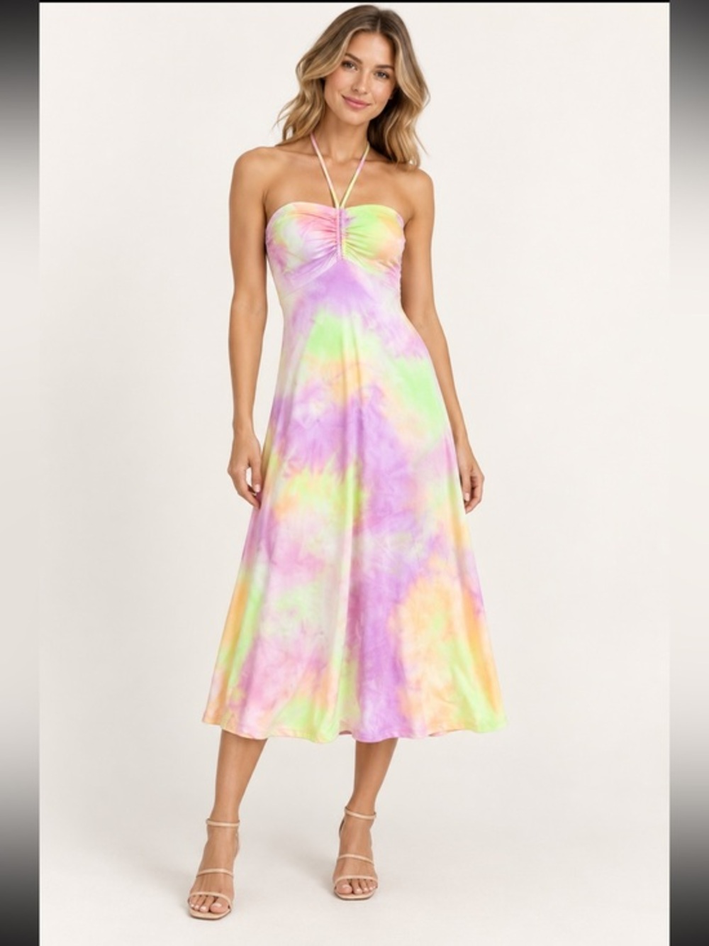 Good Time USA Pastel Tie Dye Halter Midi Maxi Dress Size Medium